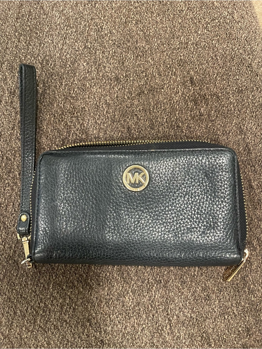 Michael Kors Fulton Pebbled Leather MK Logo Wristlet Wallet with Gold Hardware